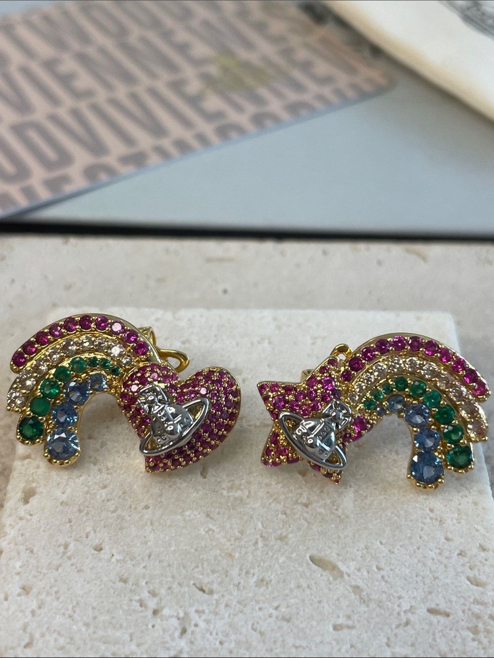 Vivienne Westwood Pink Green Blue Crystal Rainbow Orb Earrings